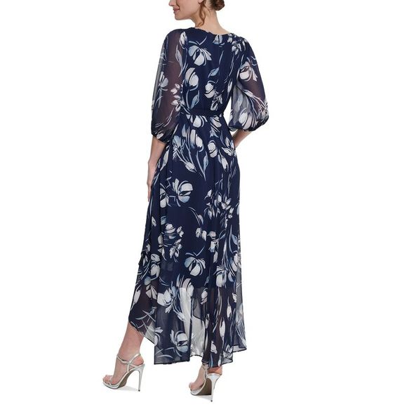 Women's Floral Print Maxi Dress - Super Stretchy, Faux Wrap V-Neck With 3/4 Sleeves, Navy - Bon Rosy Brand